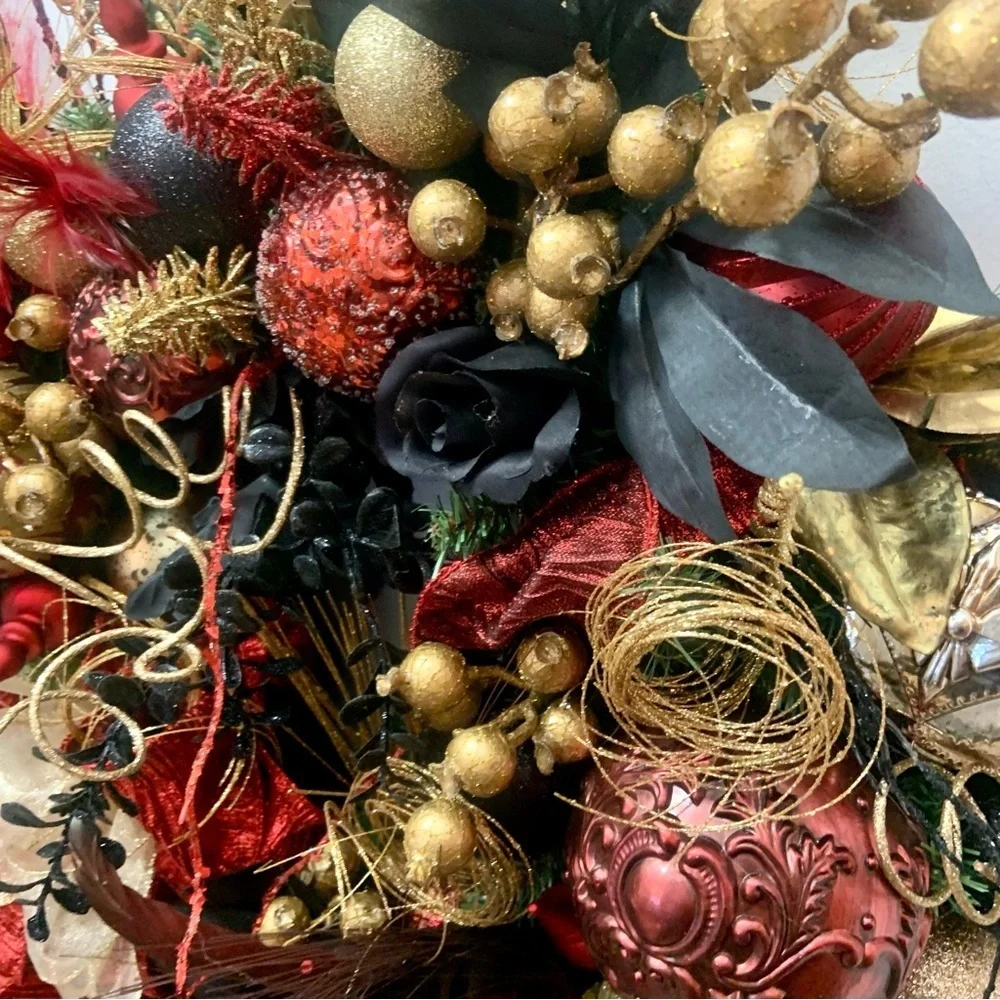 Elegant Unique Floral Christmas Contemporary Black Red Gold Door Wall Wreath